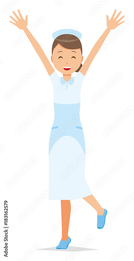 A woman nurse wearing a nurse cap and a white garment raises his hands A woman nurse wearing a nurse cap and a white garment raises his hands