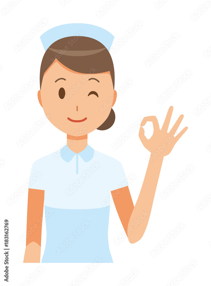 A woman nurse wearing a nurse hat and white coat is playing an okay sign A woman nurse wearing a nurse hat and white coat is playing an okay sign