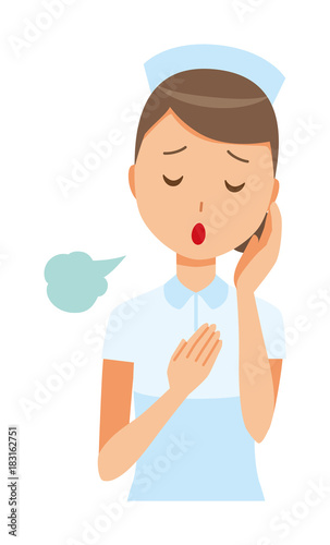 A woman nurse wearing a nurse cap and white coat is sighing