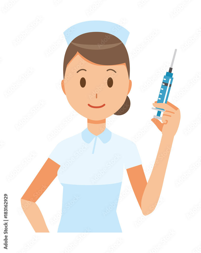 A woman nurse wearing a nurse cap and white coat has a syringe