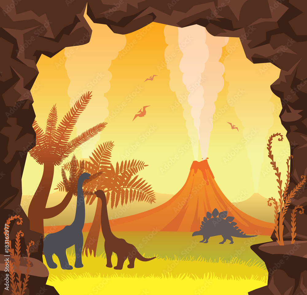 Prehistoric landscape - cave, volcano, dinosaurs, sky.