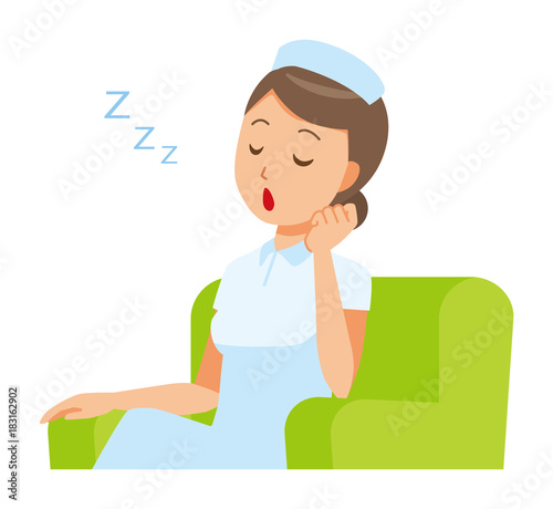A woman nurse wearing a nurse hat and white coat is sitting down on the sofa