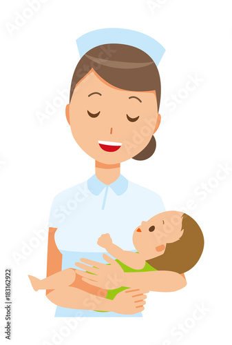 A woman nurse wearing a nurse hat and white coat hugs a baby