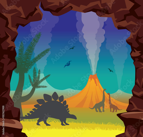 Prehistoric landscape with dinosaurs, volcano, cave and night sky.