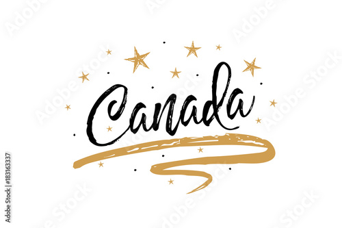 Canada. Name country word text card, banner script. Beautiful typography inscription greeting calligraphy poster black, gold ribbon, star. Handwritten design modern brush lettering isolated vector