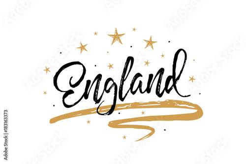 England. Name country word text card, banner script. Beautiful typography inscription greeting calligraphy poster black, gold ribbon, star. Handwritten design modern brush lettering isolated vector
