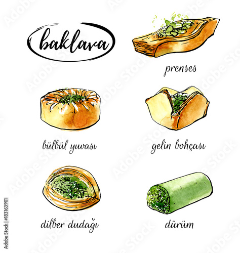 Vector illustration Baklava. Set of hand drawn elements of traditional middle eastern dessert. Different sorts of turkish delight. Black ink outline and bright watercolor texture isolated on white.
