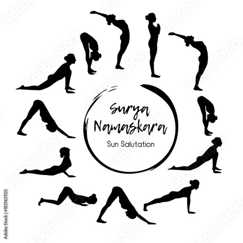Vector illustration of yoga exercise Sun Salutation - Surya Namaskara. Black silhouettes of slim women in different yoga positions in circle composition.