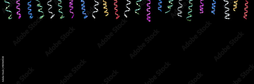 Panoramic festive image with rolls of curly ribons on top and multi coloured gift bags on the gound on black background Panoramic festive image with rolls of curly ribons on top and multi coloured gift bags on the gound on black background