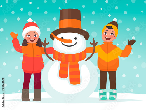 Kids and a snowman. Winter children's fun. Vector illustration in cartoon style