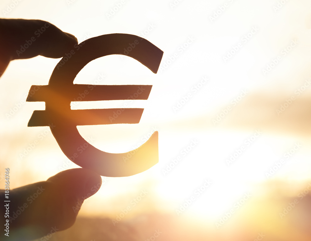 Fototapeta premium euro symbol in hand on sunset background