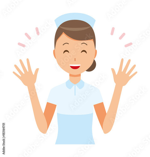 A woman nurse wearing a nurse cap and white coat is spreading her hands
