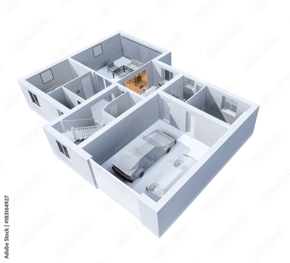 The layout of the apartment, a private cottage with a garage. Top view, 3d illustration on white background