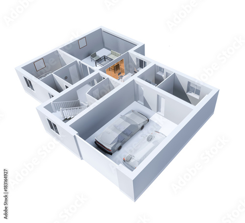 Obraz na płótnie The layout of the apartment, a private cottage with a garage. Top view, 3d illustration on white background w salonie