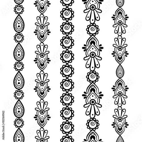   Vector set with black elements in indian style. Ornamental seamless borders.