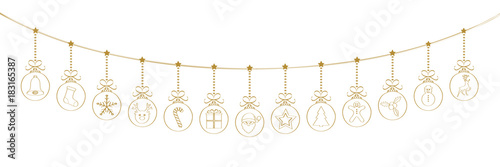 Panoramic Christmas decoration - hanging hand drawn Christmas balls. Vector. 