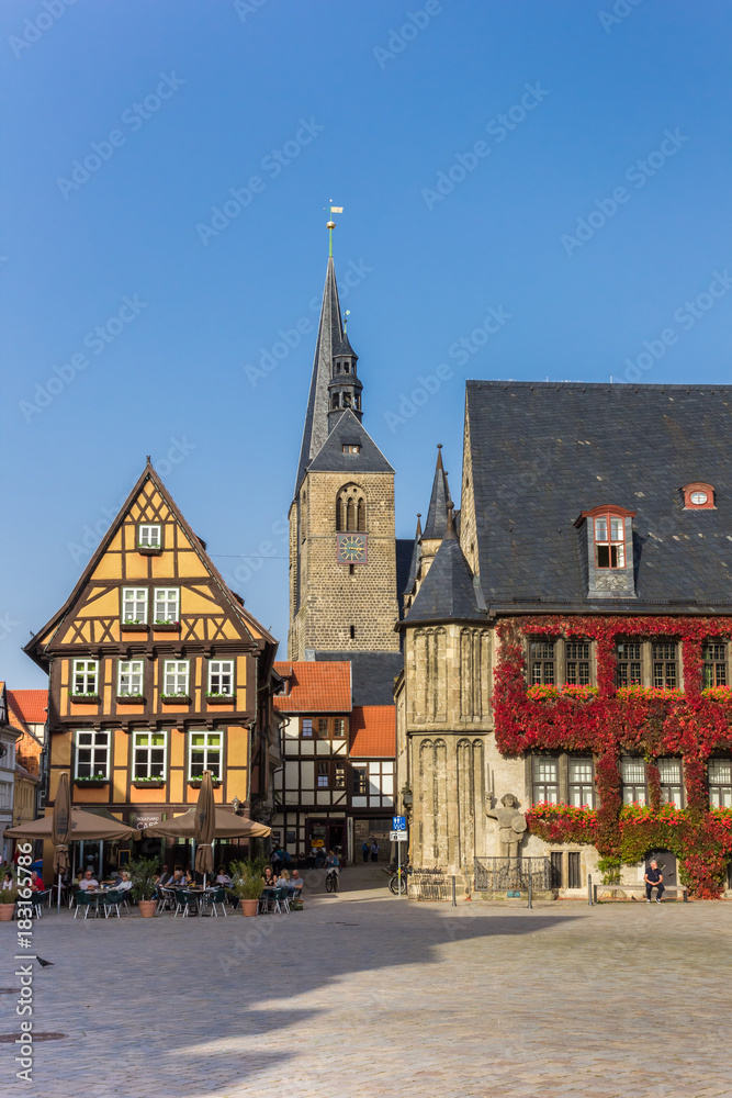 Colorful central market square in historic city Quedlinburg