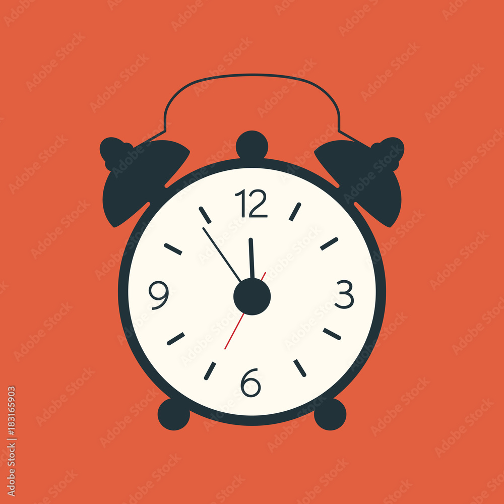 A vector illustration of a black alarm clock isolated on orange background. Old, modern clock silhouette. Black alarm clock with wake-up time. A vector illustration of a black alarm clock isolated on orange background. Old, modern clock silhouette. Black alarm clock with wake-up time.