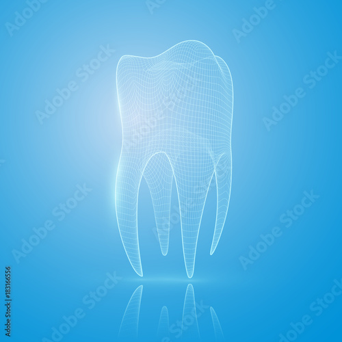  3D mesh tooth on a blue background.