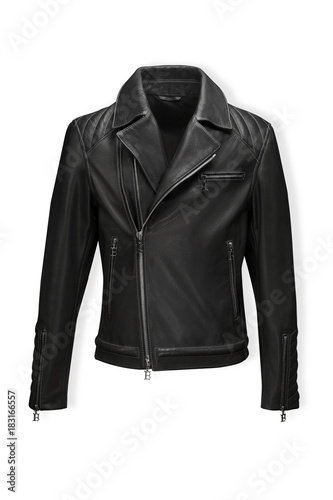 Classic black leather bikers' jacket with lining shot from the front and the back isolated on white photo