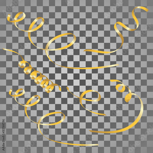 Gold streamers set. Golden serpentine ribbons, isolated on transparent background