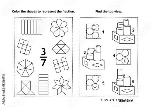 Two visual math puzzles and coloring pages. Color the shapes to represent the fraction. Find the top view. Black and white. Answers included.
