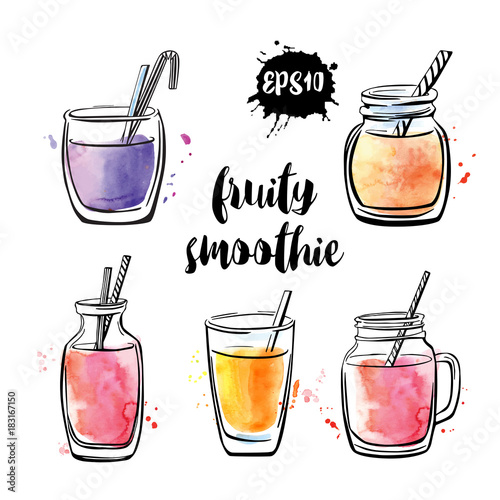 Set of vector illustrations Fruity smoothie. Collection of hand drawn cups, mugs and glasses with healthy summer cocktails. Black outline and bright watercolor stains isolated on white background.