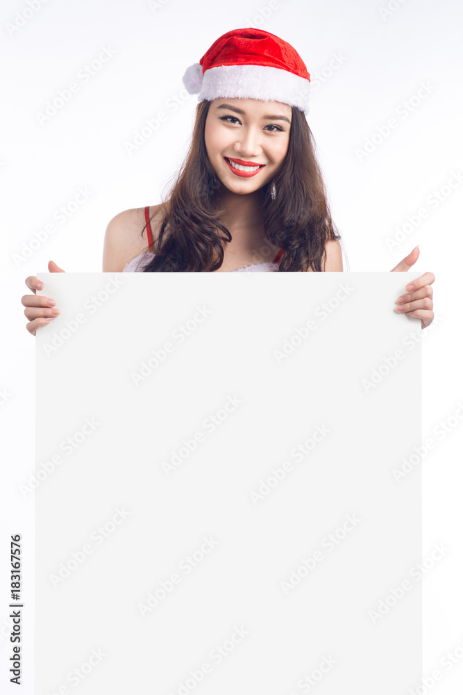 Christmas young asian woman showing blank billboard banner sign smiling happy. Christmas young asian woman showing blank billboard banner sign smiling happy.