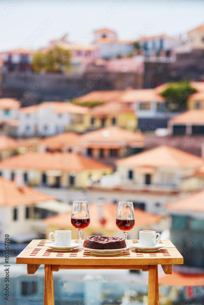 Madeira wine, coffee and hohey cake, View to Funchal, Portugal