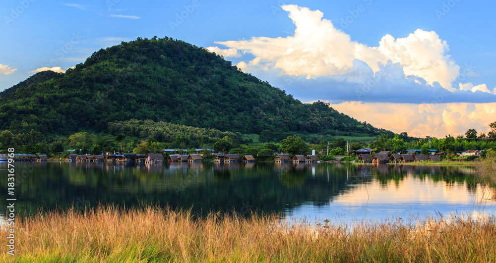 View of lake and mountain in countryside of Thailand.