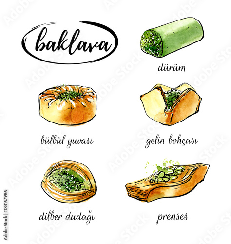 Vector illustration Baklava. Set of hand drawn elements of traditional middle eastern dessert. Different sorts of turkish delight. Black ink outline and bright watercolor texture isolated on white.