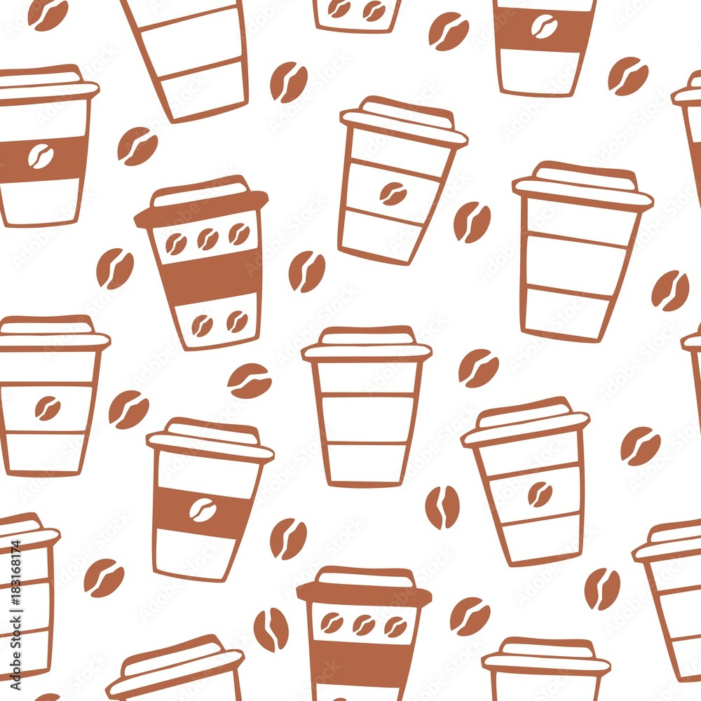Neutral vector seamless pattern with take away coffee cups and coffee beans. Brown hand drawn doodle elements on white background. Wrapping paper, backdrop and background design. Neutral vector seamless pattern with take away coffee cups and coffee beans. Brown hand drawn doodle elements on white background. Wrapping paper, backdrop and background design.