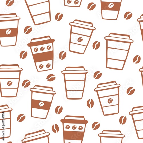 Neutral vector seamless pattern with take away coffee cups and coffee beans. Brown hand drawn doodle elements on white background. Wrapping paper, backdrop and background design.