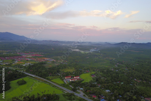 Aerial view of Mount Baling, with padding field view before sunrise. photo