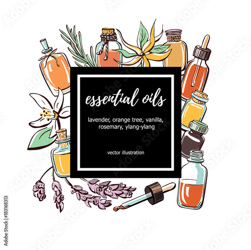 Vector illustration Essential oils. Hand drawn doodle bottles, aromatic plants and flowers and black square frame with place for your text. Aromatherapy card, poster, flyer design.