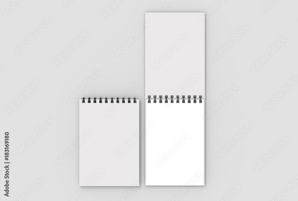 Spiral binder notebook mock up isolated on soft gray background. 3D illustrating. Spiral binder notebook mock up isolated on soft gray background. 3D illustrating.