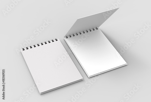 Spiral binder notebook mock up isolated on soft gray background. 3D illustrating.