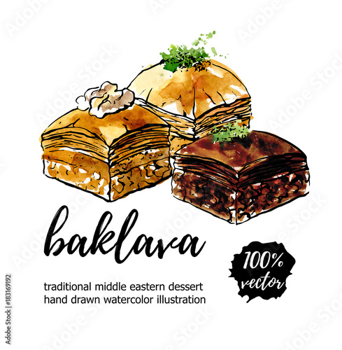 Vector illustration Baklava. Hand drawn middle eastern dessert with walnut, pistachio and chocolate. Black outline and watercolor texture on white with place for your text. Card, poster, flyer design.