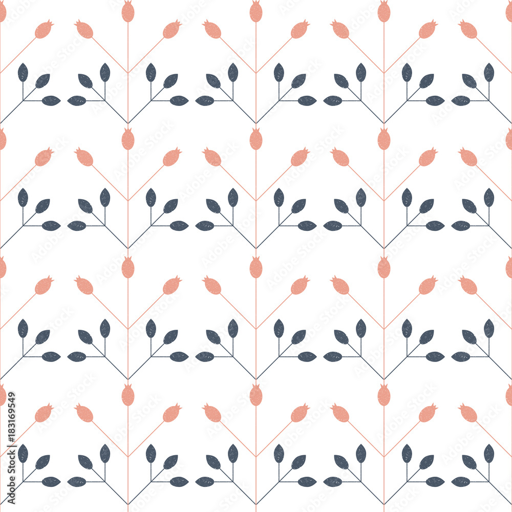 Modern vector floral seamless geometric pattern with stylized rose hips berries and leaves in retro scandinavian style. Simple outlines with worn out texture. Modern vector floral seamless geometric pattern with stylized rose hips berries and leaves in retro scandinavian style. Simple outlines with worn out texture.