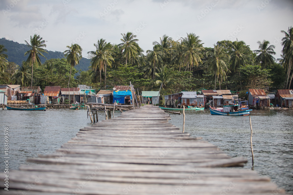 wooden old bridge to the sea Phu quoc