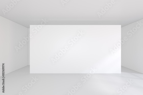 Large white billboard standing near a window in a white room. 3D rendering. © mirexon