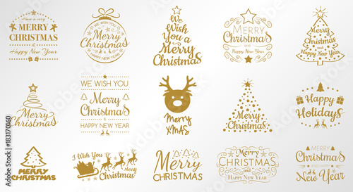 Set of golden Christmas icons with greetings and icons. Vector.