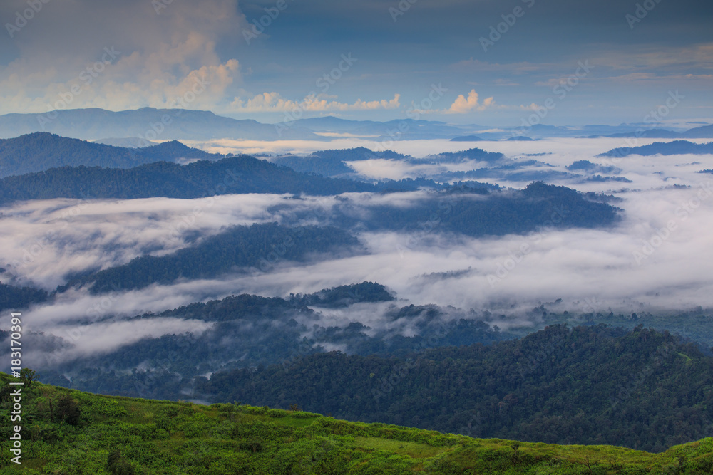 Landscape sea of mist in Kanchanaburi province  border of Thailand and Myanmar.