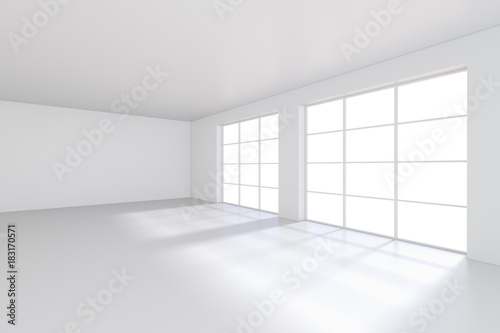 Room with windows and falling light from the window to the floor. 3D rendering.