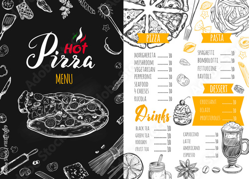 Italian food menu for restaurant and cafe. Pizza and Pasta vector concept. Design template with different hand drawn illustrations and handwritten Lettering