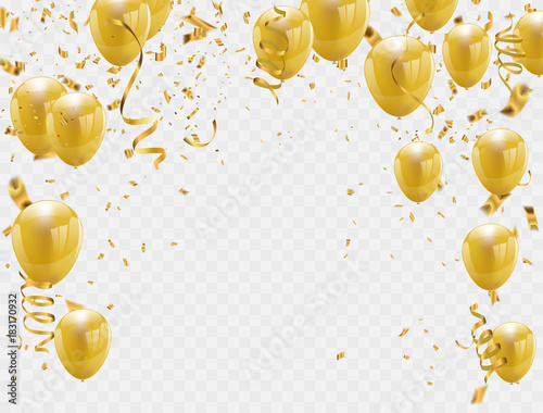 gold balloons and confetti party background, concept design. Celebration Vector illustration.