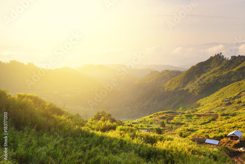 Wonderful scenery in mountains during summer colorful sunset.