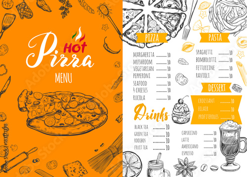 Italian food menu for restaurant and cafe. Pizza and Pasta vector concept. Design template with different hand drawn illustrations and handwritten Lettering