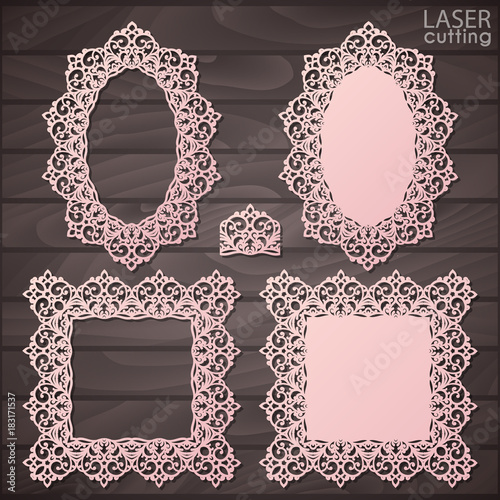 Laser cut vector frame collection, vector ornament, vintage frame. May be used for laser cutting. Photo frames with lace border for paper cutting.