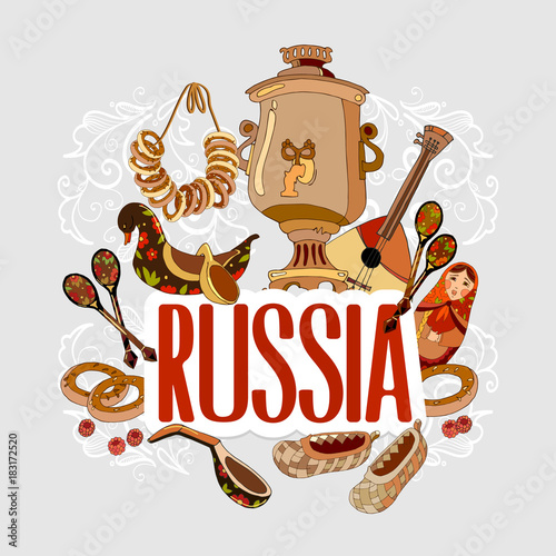 Travel to Russia. Traditions and culture,  Welcome to Russia. Collection of symbolic elements Russian. Template travel background